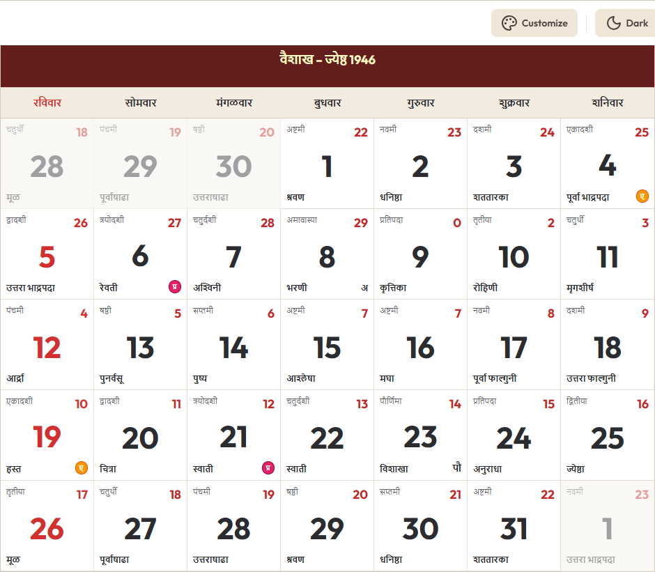 Marathi Calendar 2024 मे Grid Preview