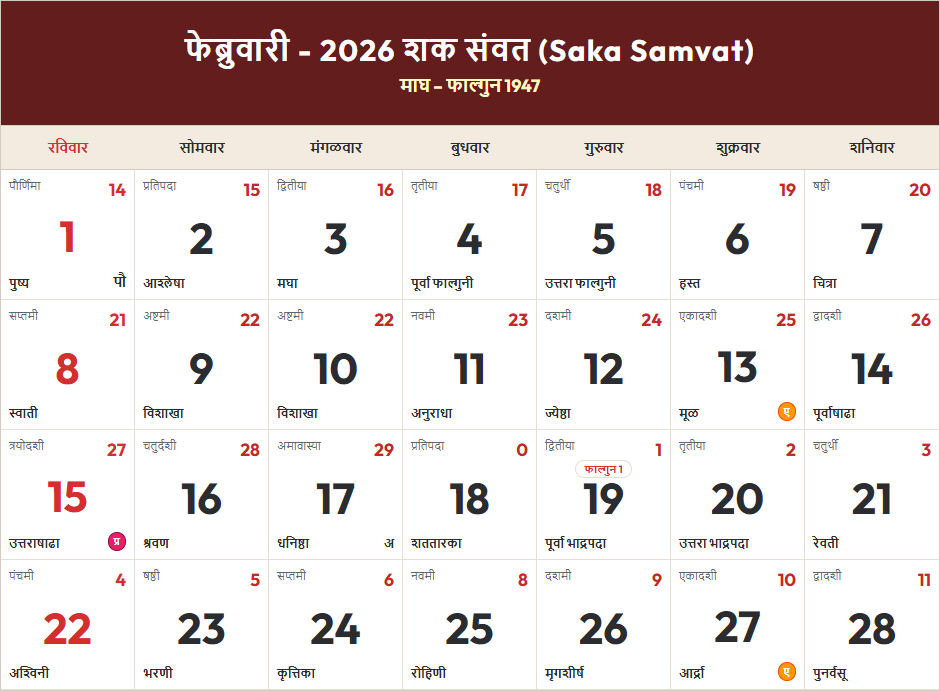 Marathi Calendar 2026 फेब्रुवारी Grid Preview